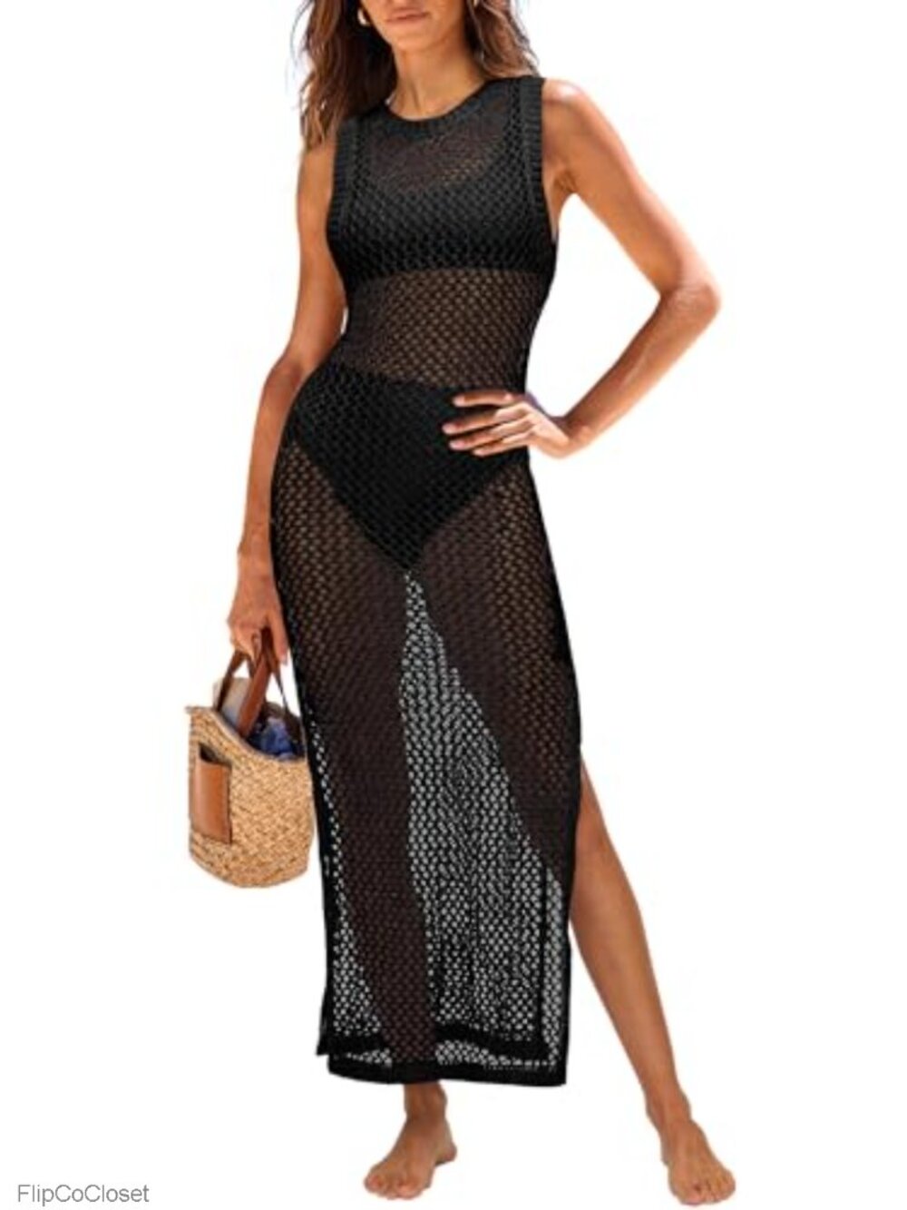 Women Crochet Swimsuit Coverup Beach Maxi Dress Sleeveless Open Back Side Slit